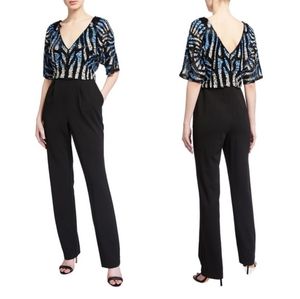 AIDAN MATTOX CREPE STRETCH SEQUIN BEADED BUTTERFLY TOP JUMPSUIT IN BLUE / BLACK